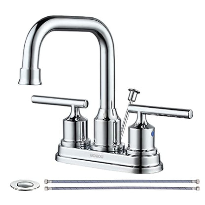 WOWOW Chrome 4 Inch Bathroom Sink Faucet Centerset Lift Rod Drain Stopper 2 Handle Lavatory Commercial Contemporary Faucet High Arc Brass Faucets for Bathroom - color: Chrome, style: Centerset - 4 Inch