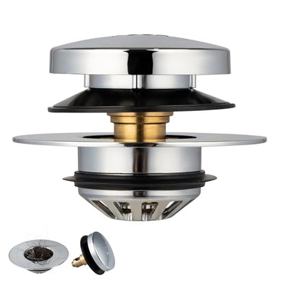 Tub Drain, 2 in 1 Pop-up Bathtub Plug with Hair Catcher | Easy Installation Bath Drain Stopper with Strainer, Chrome Plated - color: Chrome Plated