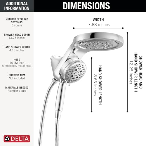 Delta 6-Setting HydroRain Premium 2-in-1 Dual Shower Head with ProClean Spray, Chrome High Pressure Shower Head with Handheld Spray, 1.75 GPM Flow Rate, Lumicoat Chrome 56000-PR25 - color: Lumicoat Chrome