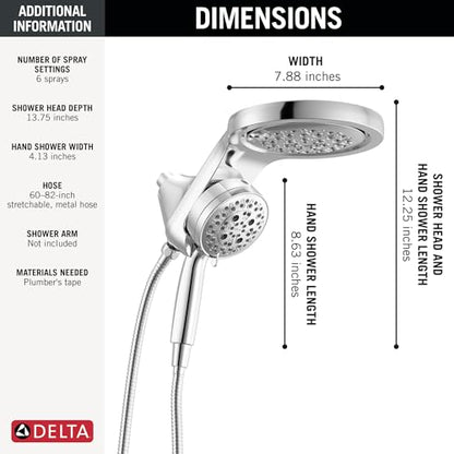 Delta 6-Setting HydroRain Premium 2-in-1 Dual Shower Head with ProClean Spray, Chrome High Pressure Shower Head with Handheld Spray, 1.75 GPM Flow Rate, Lumicoat Chrome 56000-PR25 - color: Lumicoat Chrome