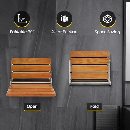 Dyna-Living Folding Shower Seat Wall Mounted Fold Down Shower Seat 400 lbs Load-Bearing Shower Bench Seat Wall Mounted Shower Chair Foldable Wooden Shower Seat for Inside Shower for Elderly