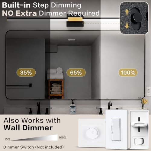SOLFART Bathroom Vanity Lights 48-Inch: Black and Gold 5CCT Dimmable Bathroom Lights Over Mirror, Solid Frosted Acrylic, Built-in Dimmer, CRI88 Soft Light, ETL IP44 - color: Black Gold-5CCT, 5-Step Brightness Control, size: 48 inch