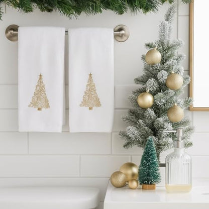Decorative Christmas Theme Towel Set: Luxury Bathroom Plush Velour Cotton Hand Towels of Gold Embroidered Tree, Set of 2 - color: Gold Tree