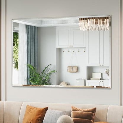 Frameless Bathroom Beveled Wall Mirror, 48"x32" Large Wall Mirror | Beveled Mirror for Over Sink, Vanity, Entryway, Living Room, Dinging Room, Bedroom, Hangs Horizontally or Vertically - size: 48"L x 32"W