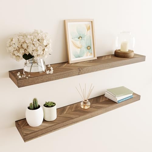 Howizz 48'' Chevron Floating Shelves for Wall, Acacia Wood Wall Mounted Shelves with Invisible Brackets, Rustic Wooden Shelf Set of 2 for Living Room, Bedroom, Bathroom, Kitchen Decor, Dark Walnut - color: 2. Chevron - Walnut, size: 48"