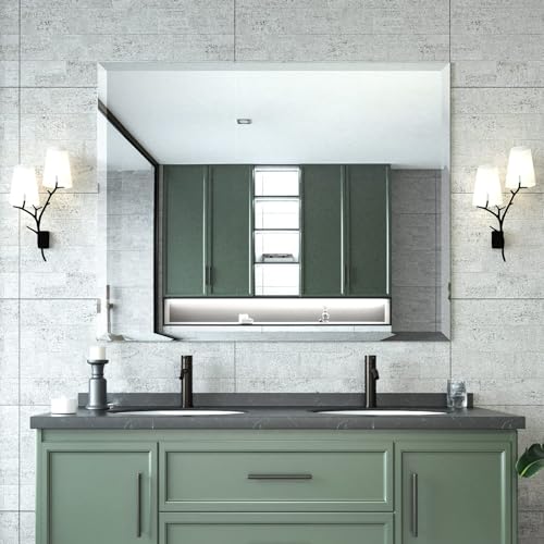 Beveled Mirror 40x32 Frameless Bathroom Wall Mirror Shatterproof | Modern Wall Mount Vanity Mirror, Hangs Horizontally or Vertically, for Over Sink, Living Room, Bedroom, Upgraded Packing - size: 32"L x 40"W
