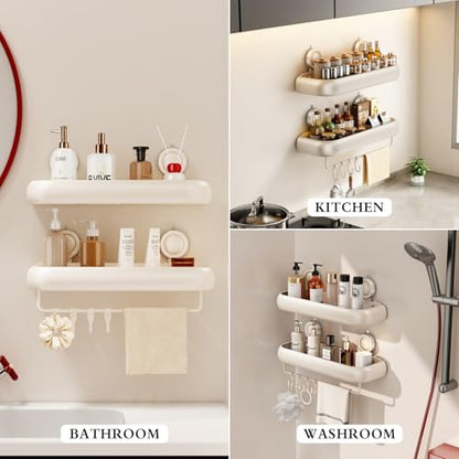 CICUFY Shower Caddy Suction Cup, 1 Pack No Drilling Corner Shower Shelves, Rust Proof Bathroom Storage Organizer, Shower Corner Caddy with Removable Hooks and Towel Bar, Square, Cream - style: Square Cream (1 Pack )