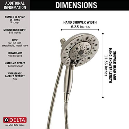 Delta Faucet 5-Spray In2ition Dual Shower Head with Handheld Spray, H2Okinetic Brushed Nickel Shower Head with Hose, Showerheads, Handheld Shower Heads, Magnetic Docking, Stainless 58480-SS-PK - color: Stainless