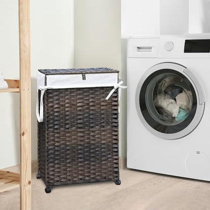 70L Slim Laundry Hamper with Lid & Wheels, Rolling Laundry Basket with 2 Removable Liner Bags & 3 Mesh Bags, Narrow Dirty Clothes Basket, Foldable Handwoven Rattan Laundry Sorter, Brown - color: Brown