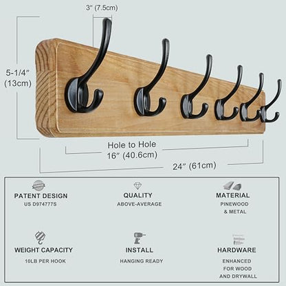 Wall Mounted Coat Rack: 24" Long, Patented, Heavy-Duty, 6-Double-Hooks Wooden Hanger Rail for Winter Coats, Hat, Jacket, Clothing - Weathered Brown, Pack of 2 - color: Weathered Brown & Black, size: L=24"(2pcs)