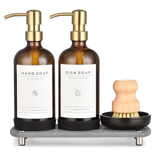 [Luxury] Kitchen Soap Dispenser Set - 16OZ Amber Glass Bottle, Stainless Steel Pump, Instant Dry Tray, Waterproof Labels, Non-Slip Silicone Pad, and Dish Brush | Upgrade for Your Kitchen and Bathroom - color: Amber Bottle + Gold Pump