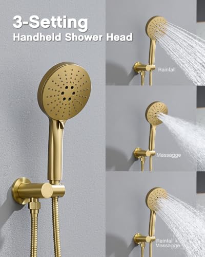 Iriber Brushed Gold Shower head with Handheld,8"+10" Rain Shower Faucet Set | 10 Inch Ceiling +8 Inch Wall Mount Dual Shower Heads,Push Button Diverter Shower System,Pressure Balance Valve - color: Brushed Gold 06
