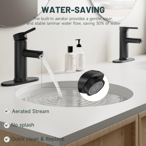 Bathroom Faucet for 1 or 3 Holes, Matte Black, Brass | Single Handle Bathroom Sink Faucets, Modern Commercial Lavatory Vanity Faucet, with Deck Plate and Supply Line, Pop Up Drain - color: Matte Black