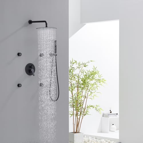 Iriber Mattle Black Round Rain Shower System with 4 PCS Body Jets 3 Function Shower Faucet Set Contain 12 Inch Shower Head and Handheld Wall Mounted Pressure Balance Shower Trim Kit (Valve Included) - color: Matte Black 04