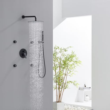 Iriber Mattle Black Round Rain Shower System with 4 PCS Body Jets 3 Function Shower Faucet Set Contain 12 Inch Shower Head and Handheld Wall Mounted Pressure Balance Shower Trim Kit (Valve Included) - color: Matte Black 04