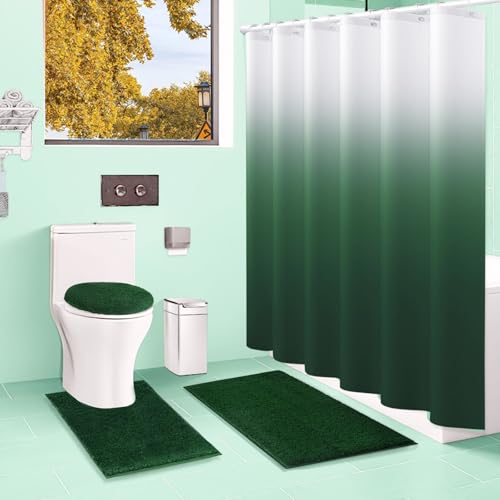 Shower Curtain Sets with Rugs and Adjustable Toilet Seat Cover | 4 Pcs Gark Green Bathroom Sets with Shower Curtain and Rugs and Microfiber Toilet Lid Cover - color: Gark Green