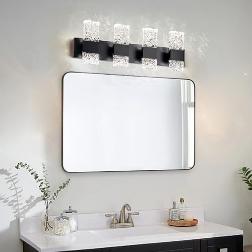 Black Bathroom Light Fixtures Crystal Bathroom Vanity 4 Light Over Mirror Modern LED Wall Light ，6000K Cool Light，40 Watts - color: Black, size: 4 lights