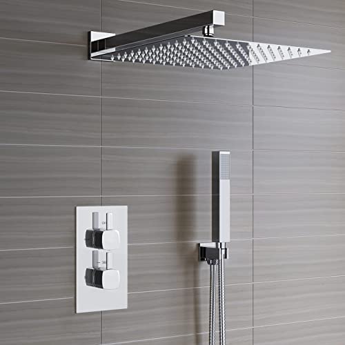Voolan All Metal Shower Head with Extension Arm, Stainless Steel Waterfall Rainfall Showerheads, High Flow Bathroom Square Rain Shower Head (12’’ Shower Head with 16’’ Shower Arm, Chrome) - color: Chrome, size: 12’’ Shower Head with 16’’ Shower Arm