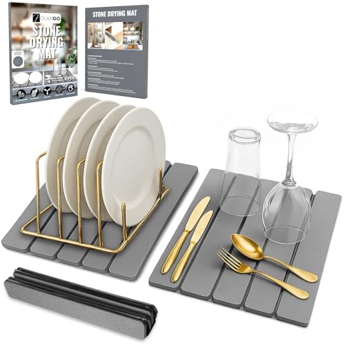 Large Foldable Stone Dish Drying Mat – Diatomaceous Earth, 2 Pack (12"x16" Each) or 24"x16" Combined – Fast Dry, Anti-Slip Pad, Sanding Tool & Instruction Manual for Kitchen and Bathroom, Dark Gray