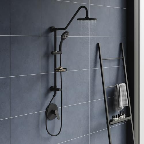 PULSE ShowerSpas Kauai III Matte Black Rain Shower Head with Handheld Spray - 1.8 GPM, 8" Showerhead, 5-Function HandShower, Adjustable Slide Bar - Shower Heads with Handheld Spray Combo - color: Matte Black, size: 1.8 Gallon Per Minute