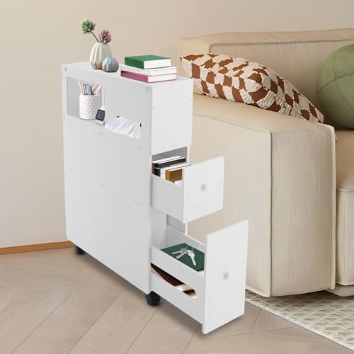 Bathroom Storage Cabinet with Wheels, 30in PVC Narrow Floor Storage Cabinet, Small Bathroom Storage Cabinet with Drawers for Bathroom, Toilet, Bedroom, Laundry Room, Kitchen(White) - size: 30in with Wheels