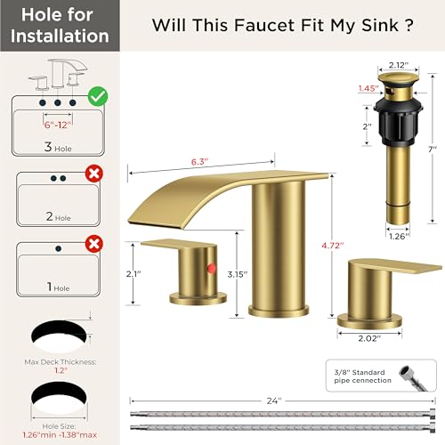 FORIOUS Bathroom Faucet 3 Hole 8 Inch Widespread Waterfall Brushed Gold | Bathroom Sink Faucet with Pop-up Drain and 24" Supply Lines, Two Handles, for Vanity Laundry Farmhouse School and Restroom - color: Brushed Gold