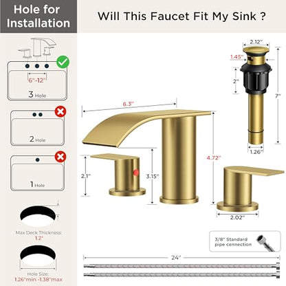 FORIOUS Bathroom Faucet 3 Hole 8 Inch Widespread Waterfall Brushed Gold | Bathroom Sink Faucet with Pop-up Drain and 24" Supply Lines, Two Handles, for Vanity Laundry Farmhouse School and Restroom - color: Brushed Gold