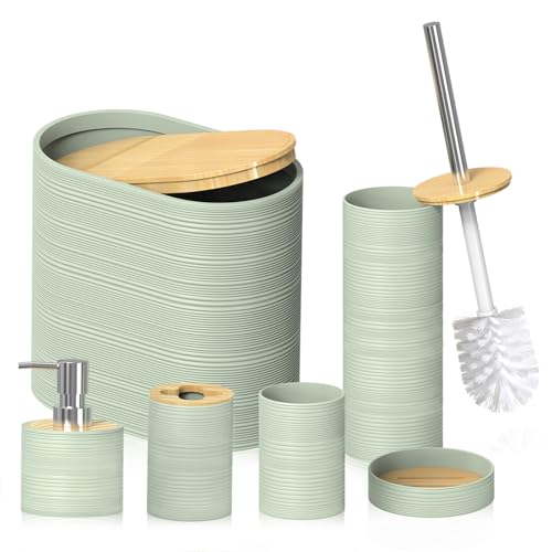 Bathroom Accessory Set, 6-Pcs Green | Trash Can, Soap Dispenser, Toothbrush Holder & Cup, Soap Dish, Toilet Brush - color: Green
