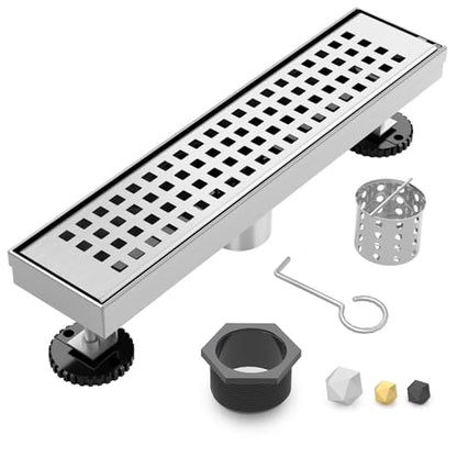 18 Inch Linear Shower Drain - Brushed Nickel, with Removable Grate | AISI 304 Stainless Steel Shower Drain, Long Rectangle Shower Floor Drain with Adjustable Feet, Fits Bathroom & Balcony etc - color: Brushed Nickel, size: 18 in