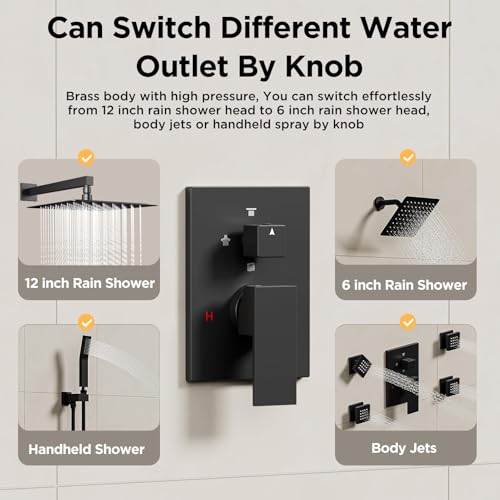 Shower Systems with 4 Body Spray Jets, STARBATH 4 Way 12+6" Rainfall Shower Head with Handheld Combo, Wall Mounted Shower Jets System Shower Faucet Sets Complete, Matte Black - color: Matte Black, size: 6"+12"-02