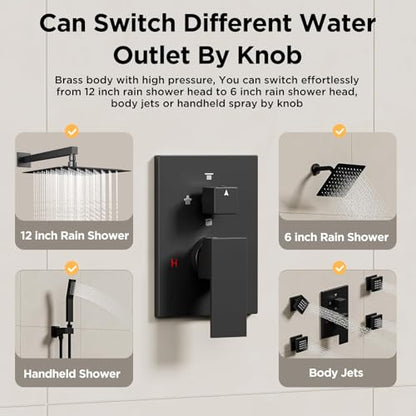 Shower Systems with 4 Body Spray Jets, STARBATH 4 Way 12+6" Rainfall Shower Head with Handheld Combo, Wall Mounted Shower Jets System Shower Faucet Sets Complete, Matte Black - color: Matte Black, size: 6"+12"-02