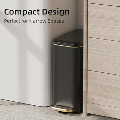 KUK Slim Bathroom Trash Can with Lid, 1.6 Gal / 6L Stainless Steel Small Garbage Bin with Detachable Inner Bucket, Step Pedal, Silent Close, Wastebasket for Toilet, Bedroom, Home, Office (Black) - color: Matt Black