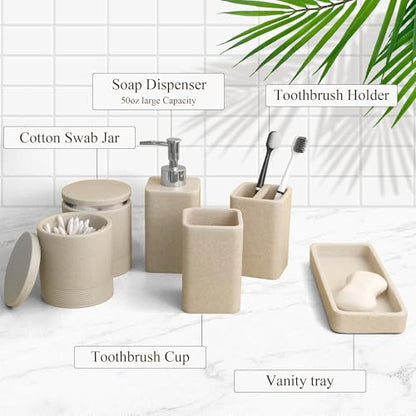 Bathroom Accessories Set, 6 Piece Soap Dispenser Set - Sand Beige | Bathroom Set with Toothbrush Holders, Soap Dispenser, Vanity Tray, Tumbler, Cotton Swab Jars, Bathroom Organizer and Storage - color: Beige