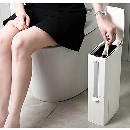 Slim Bathroom Trash Cans with Lid 4.4 Inches Wide/0.7 Gallons(3 Liters),Small Narrow Lidded Bathroom Trash Can with Toilet Brush for RV Camper,Tiny Garbage Can Rv Accessories for Inside(White) - color: White