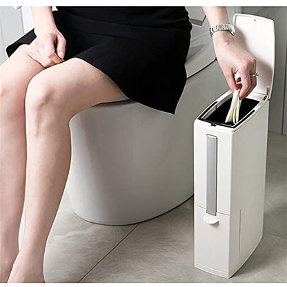 Slim Bathroom Trash Cans with Lid 4.4 Inches Wide/0.7 Gallons(3 Liters),Small Narrow Lidded Bathroom Trash Can with Toilet Brush for RV Camper,Tiny Garbage Can Rv Accessories for Inside(White) - color: White