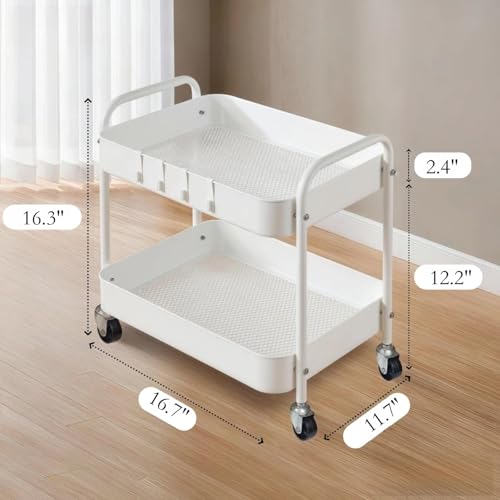 Under Desk Storage Cart 2 Tier Utility Rolling Cart with Wheels, Small Metal Mobile Trolley with Handle Two Tiered Utility Organizer Roller for Kitchen Office Bathroom Pantry Room, White - color: White