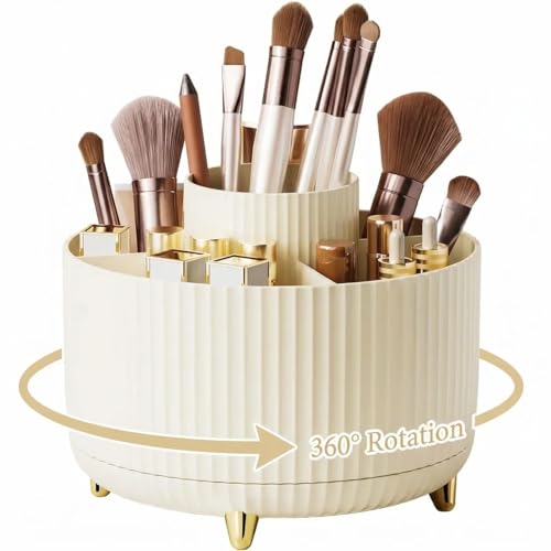 360 Degree Rotating Desktop Organizer,Makeup Brushes,Pencils,Desktop Stationery Storage Rotating Rack,Premium Plastic Organizer For Office,School And Home (Cream White) - color: Cream White