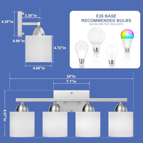 Bathroom Lighting Fixtures Over Mirror, Anti-Rust Vanity Light Fixture for Bathroom, Modern 4-Light Wall Sconce Light for Living Room, E26 Base, Milky White Glass Shades, Bulbs Not Included - color: Brushed Nickel-4Light