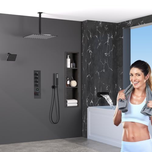 Thermostatic Digital Dual Rain Heads Tub Shower System Can Run Together | Matte Black 4-Way Shower Faucts Set with Waterfall Spout, 12" Rainfall + 6" Tilted Shower and Brass Handheld - color: Matte Black, style: 12” + 6" + Spout