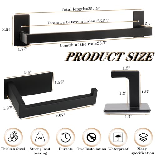 5 Pieces Self Adhesive Bathroom Hardware Set-SUS304 Stainless Steel-Towel Rack Set Include 24″Towel Bar+Toilet Paper Holder+3 Towel/Robe Hooks Bathroom Accessory Towel Bar Set (Black, 24 in) - size: 24 IN