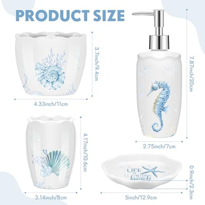 Vesici 4 Pcs Beach Bathroom Accessories, Ocean Animals Bathroom Decor, Under the Sea Tumbler, Soap Dispenser, Toothbrush Holder, Starfish Soap Dish for Ocean Beach Theme Decoration