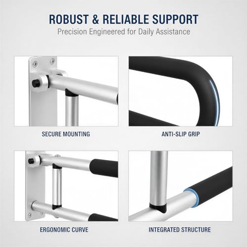 Toilet Safety Rail, 23.6 in Flip Up Foldable Wall Mount Grab Bar, Aluminum Alloy Bathroom Shower Assist Handrail with Anti-Slip Grip, Suitable for Elderly, Handicap, Pregnant & Post-Op Users