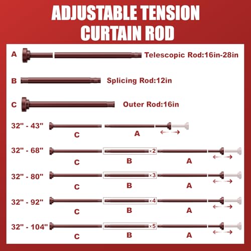 Ausemku Shower Curtain Rod - 32-104 Inch Rustproof Tension Rod, Non-Slip Spring Design, No Drilling Adjustable Curtain Rod for Bathroom, Kitchen, and Closet（Brown） - color: Brown, size: 32-104 IN
