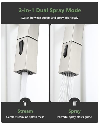 DAYONE Square Kitchen Faucet Brushed Nickel, Modern Pull Down Kitchen Sink Faucet with Spray 2 Modes, S304 Stainless Steel Single Handle Faucet for Kitchen Sink, with Square Deck Plate - color: Brushed Nickel
