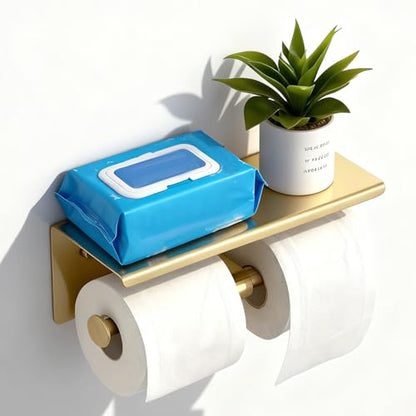 Toilet Paper Holder, NEWRAIN Double Bathroom Toilet Paper Roll Holder with Shelf, Stainless Steel Wall Mounted RV Tissue Roll Holder, Brushed Gold Commercial Farmhouse Toilet Paper Dispenser - color: Brushed Gold, style: Double