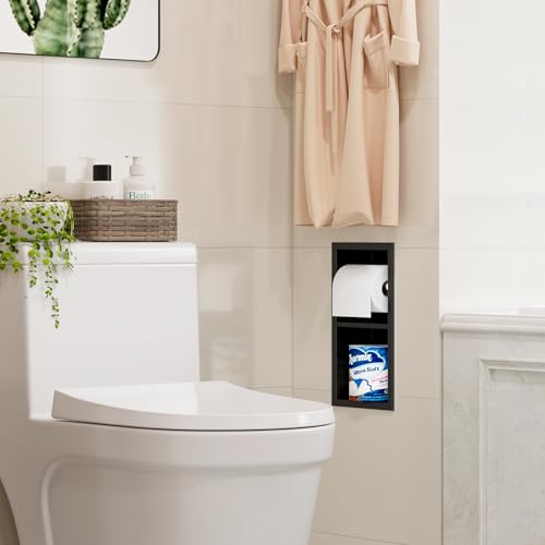 Qeke Recessed Toilet Paper Holder, Dual Rolls Tissue Toilet Holder, Black | 304 Stainless Steel, Rustproof & Durable, Space-saving, in Wall Tissue Holder for Bathroom & RV - color: Matte Black
