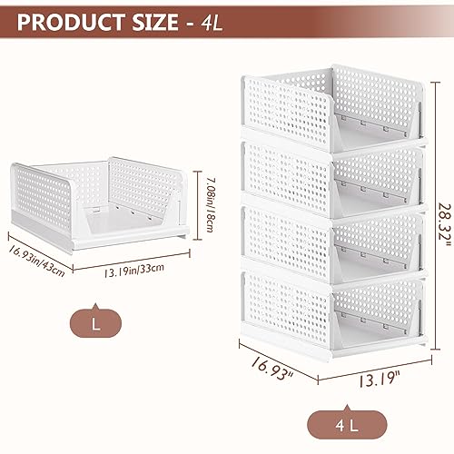 4 Pack Folding Closet Organizers Storage Box, Stackable Storage Bins, Plastic Drawer Basket Closet Storage for Wardrobe Cupboard Kitchen Bathroom Office White-4L | White Stackable Plastic Drawer Bins for Closets, Wardrobes, Kitchens, Bathrooms, Offices -