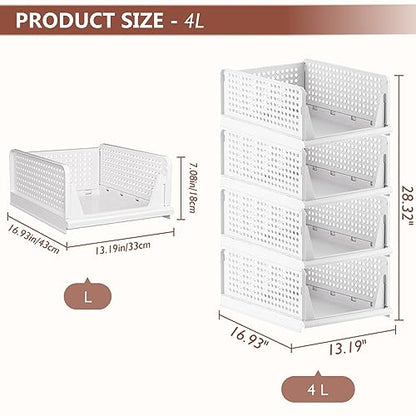 4 Pack Folding Closet Organizers Storage Box, Stackable Storage Bins, Plastic Drawer Basket Closet Storage for Wardrobe Cupboard Kitchen Bathroom Office White-4L | White Stackable Plastic Drawer Bins for Closets, Wardrobes, Kitchens, Bathrooms, Offices -