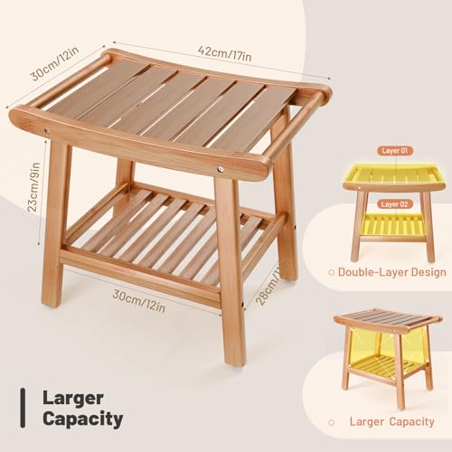 Bamboo Shower Stool Bench,Shower Chair for Inside Shower with Storage Shelf | Natural Bamboo,Large Storage,Ergonomic Curved Design,A-Shaped Stable Construction,Non-Slip Rubber Feet,Hold 300lbs - color: Natural Bamboo