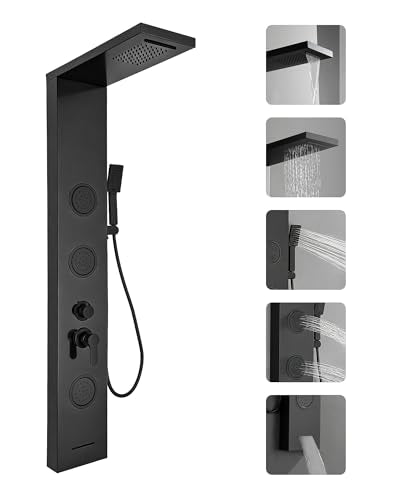 Shower Panel Tower System Rainfall Waterfall Shower Head 3 Massage Body Jet | Handheld Shower Head and Tub Spout Wall Mounted Multi-Function Bathroom Shower Panel Matte Black by Homevacious - color: Black